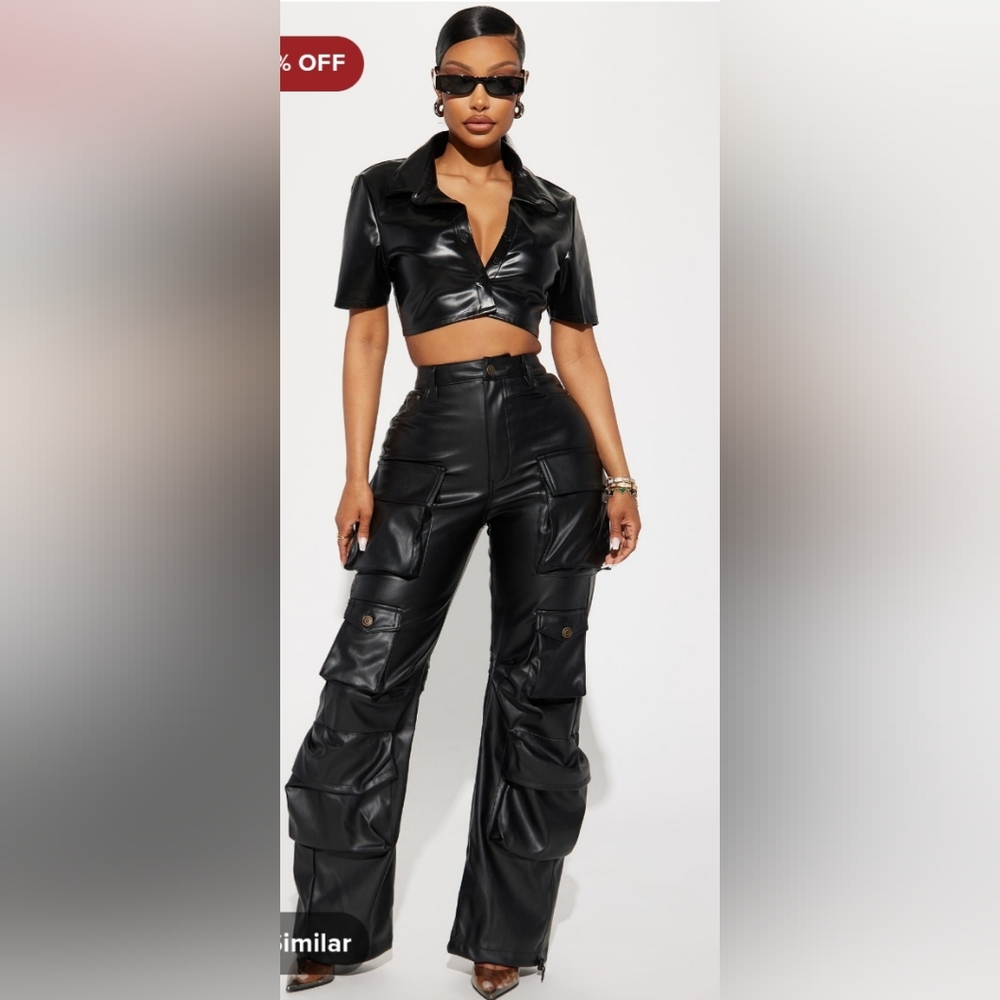 90s style baggy faux leather cargo pants